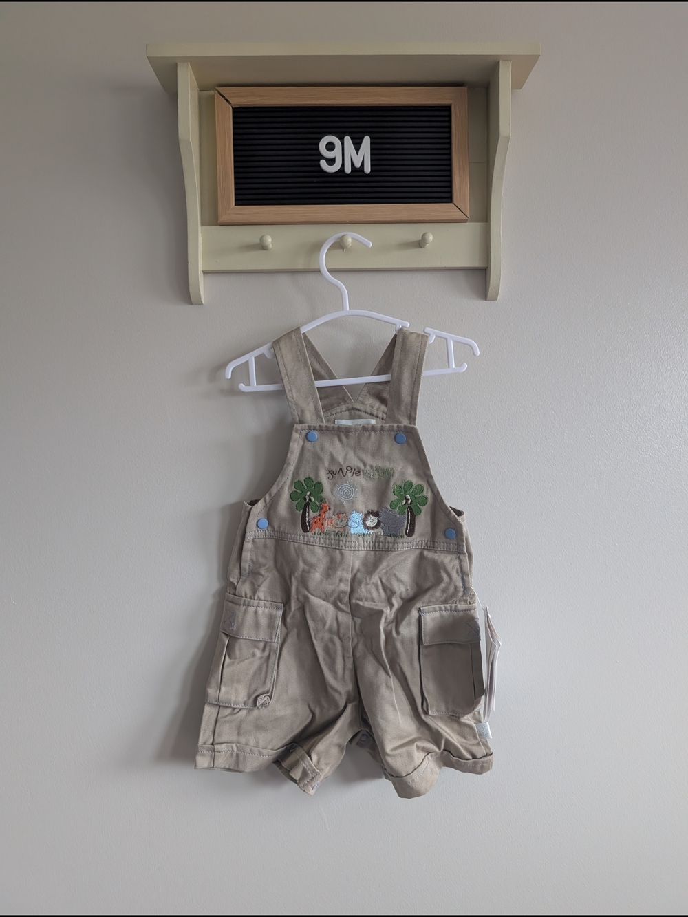Baby/Toddler Beige Shortall Romper with Embroidered Palm Motif - 9M